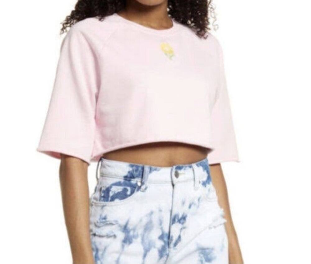 Bp: yellow flower embroidered pink crop top size s